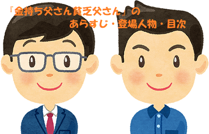 二人の音さんのイラスト+見出し：『金持ち父さん貧乏父さん』のあらすじ・登場人物・目次